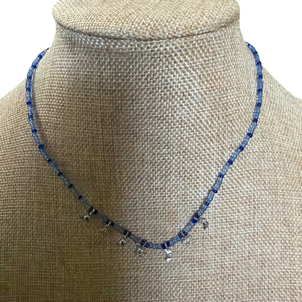 Blue Beaded Celestial Choker Necklace Silver Moon Star Charms Celestial‎